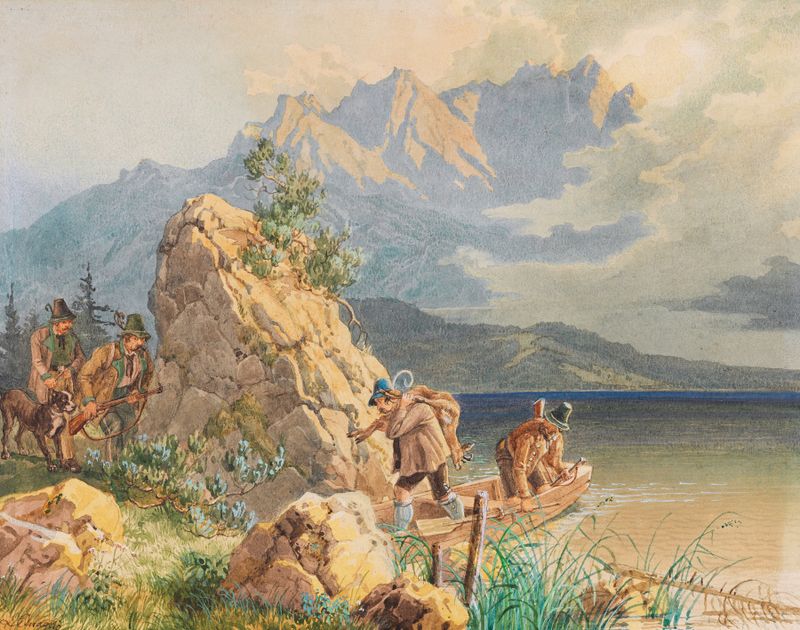 Cazadores junto al Lago Eibsee al amanecer, óleo de Lorenzo Quaglio