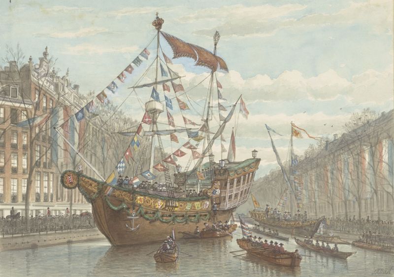 Floral decorations along the canal in Versieringen op de Herengracht by Johan Adolph Rust, unknown medium.