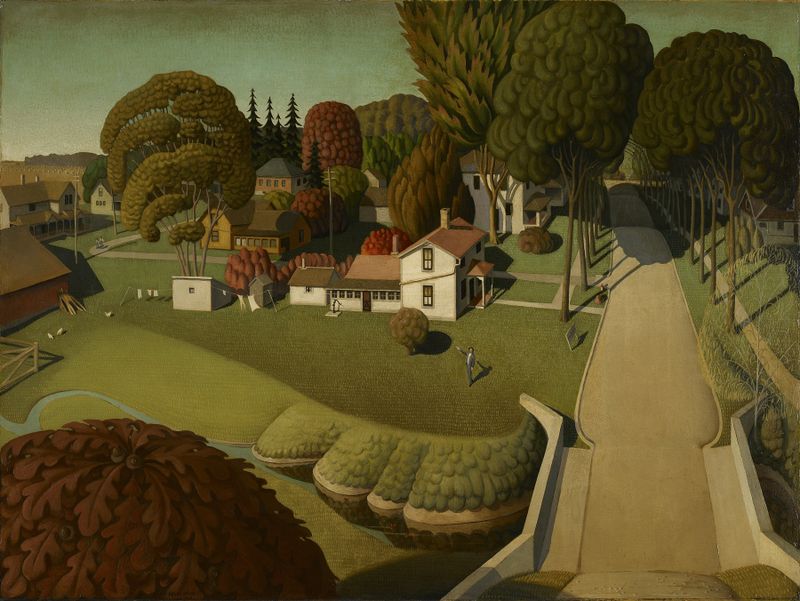 Landscape oil painting by Grant Wood depicting a home with figures and sunlight