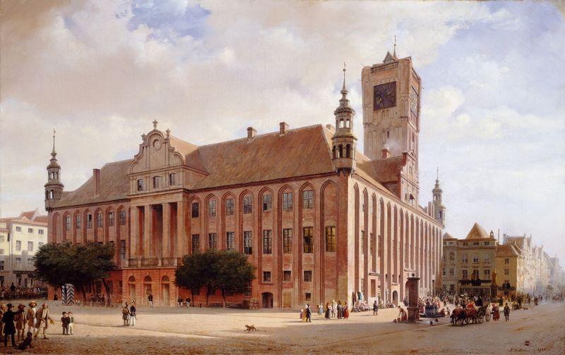 City Hall at Thorn by Eduard Gaertner, oil painting depicting urban architecture with light and shadow.