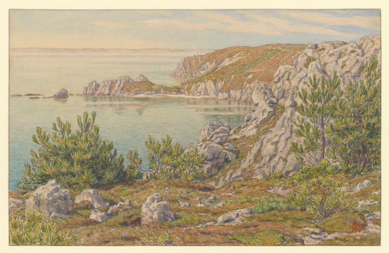 Marine scene by Henri Rivière, oil painting depicting a serene shoreline with gentle waves.