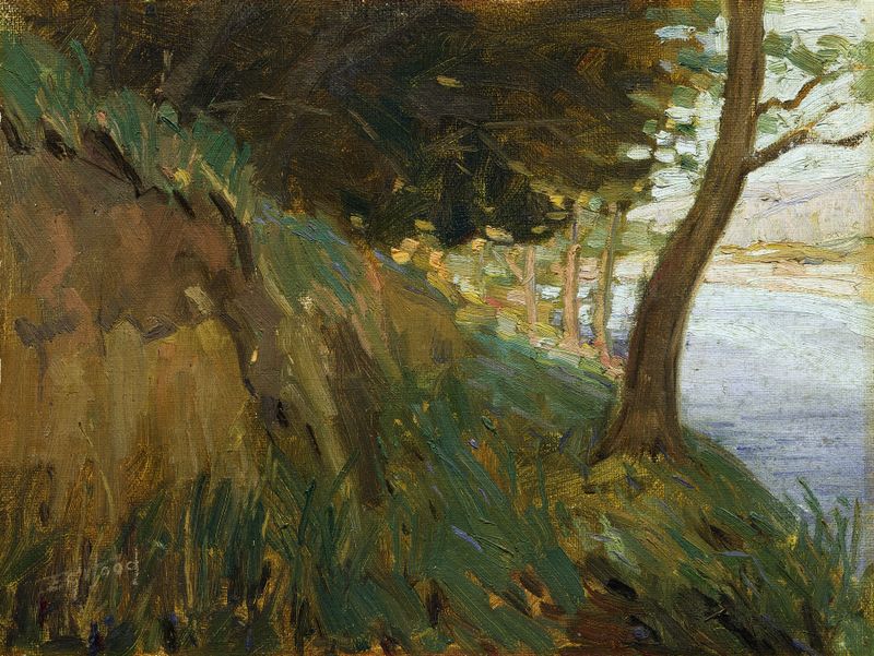 Landscape of Hutt River with foliage, oil painting by Ernest George Hood