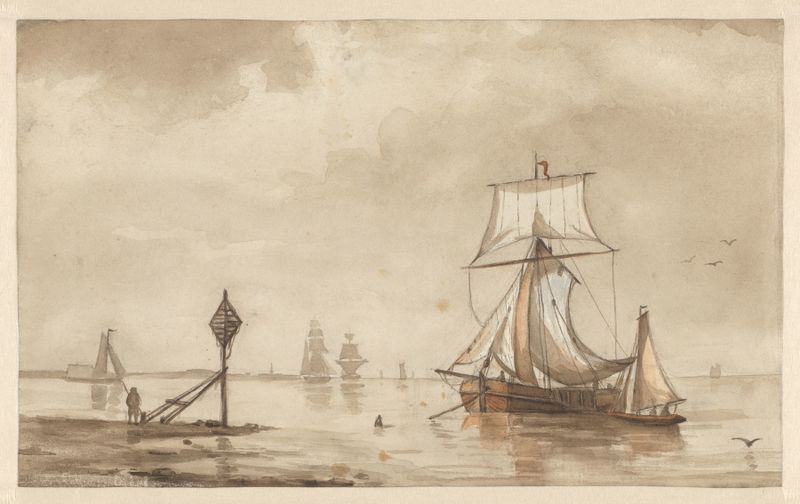 Escena marina con barcos y costa de Willem Witsen, óleo sobre lienzo