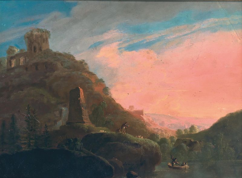 Um rio sereno ao crepúsculo, óleo sobre tela de Frantisek Xaver Prochazka