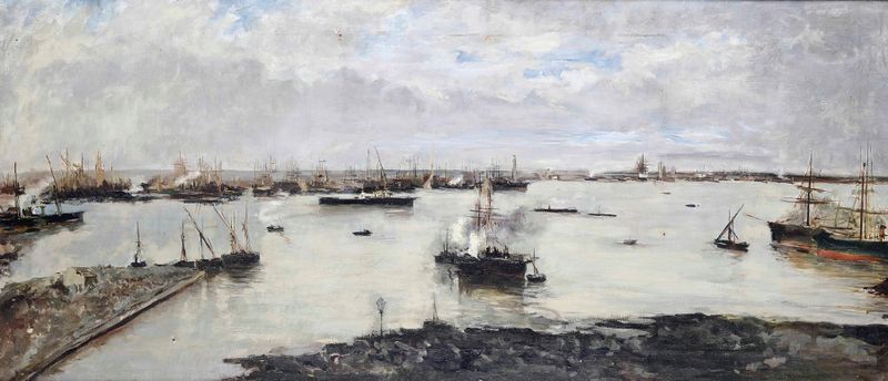 Marine scene with boats on shimmering water, oil on canvas by Pompeo Mariani