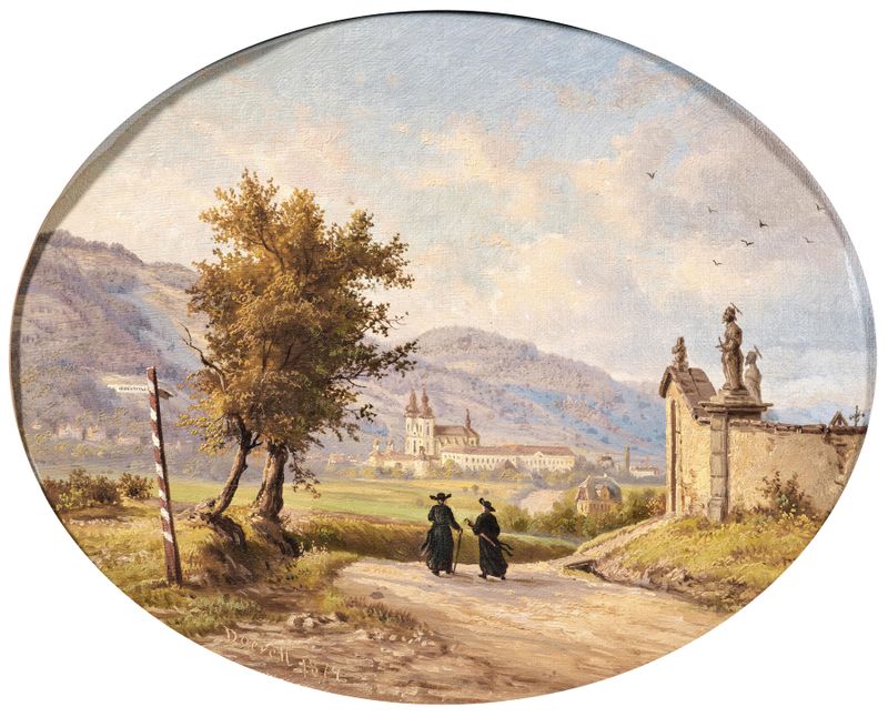 Landscape oil painting by Ernst Gustav Doerell featuring a winding path and sunlight.