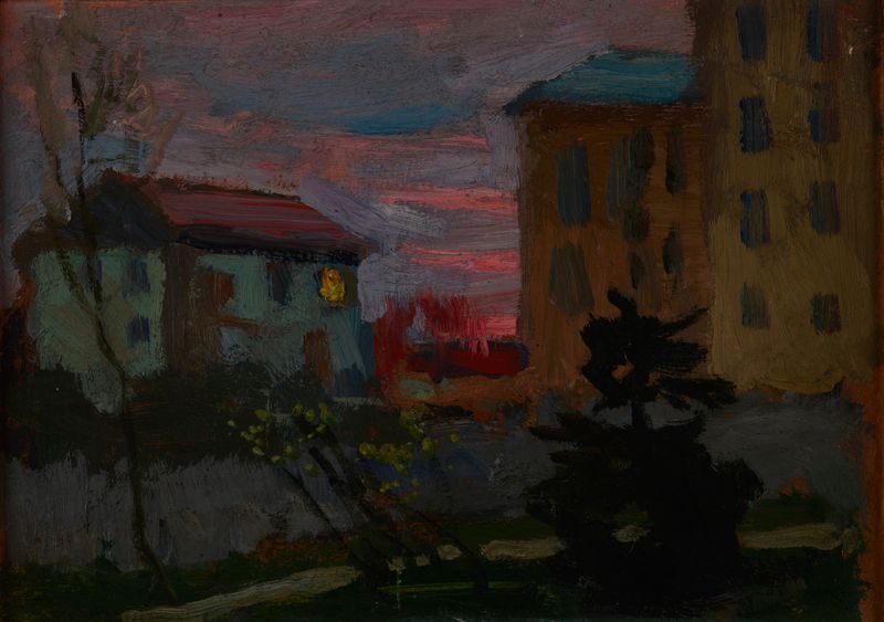 In Kyiv at Dawn, óleo sobre tela de Jan Stanisławski, retratando telhados iluminados pela luz da manhã.