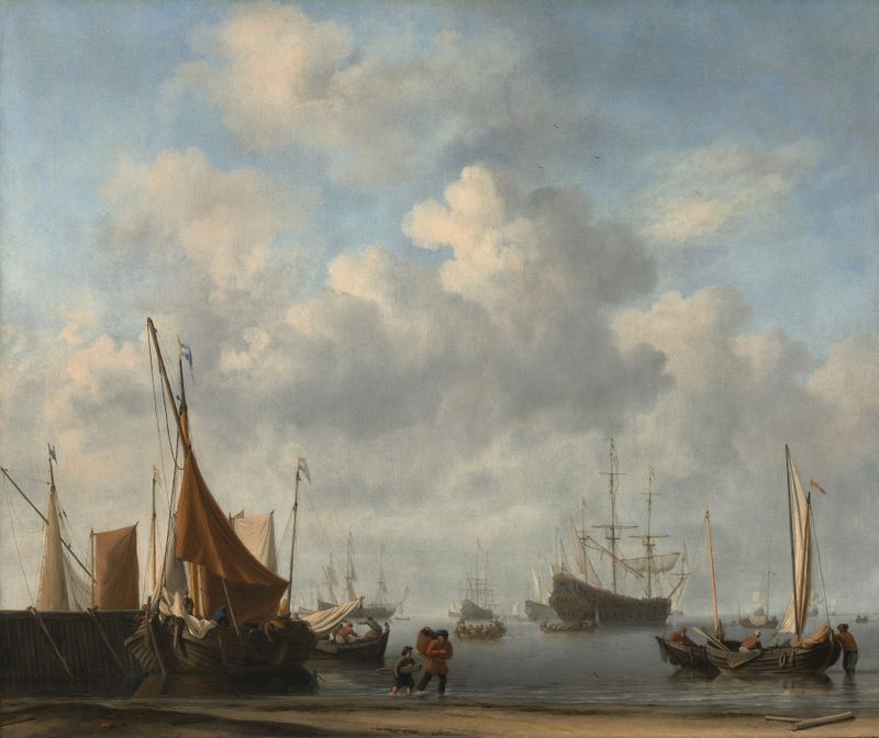 Entrance to a Dutch Port by Willem van de Velde the Younger, oil painting depicting sailing ships and a harbor.