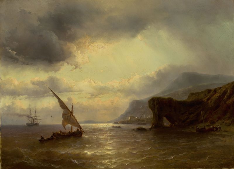 Marine landscape by Louis Meijer, oil painting depicting turbulent sea and sky.