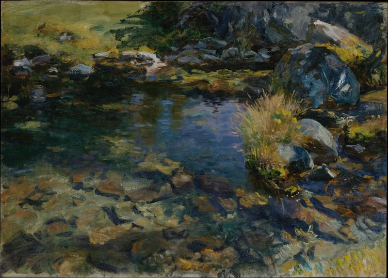 Alpine Pool oil painting by John Singer Sargent, depicting a tranquil pool surrounded by mountains and greenery.