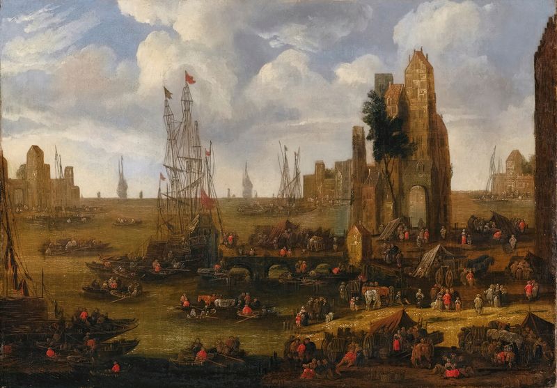 A Capriccio View Of A Busy Harbour Scene With Figures Loading Their Boats, oil on canvas by Pieter Casteels II