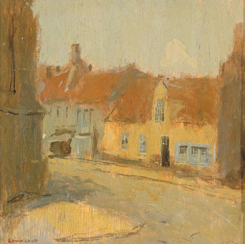 Rue de Village de Frank Edwin Scott, impressionismo, retratando uma cena de vila animada com ruas de paralelepípedos.