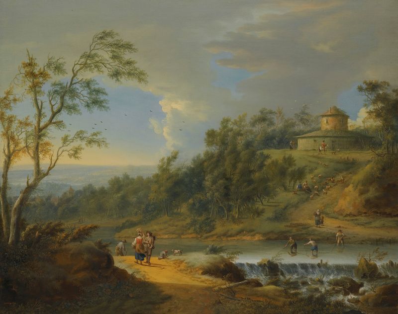A river landscape with fishermen dredging a weir, oil on canvas by Johann Christian Vollerdt