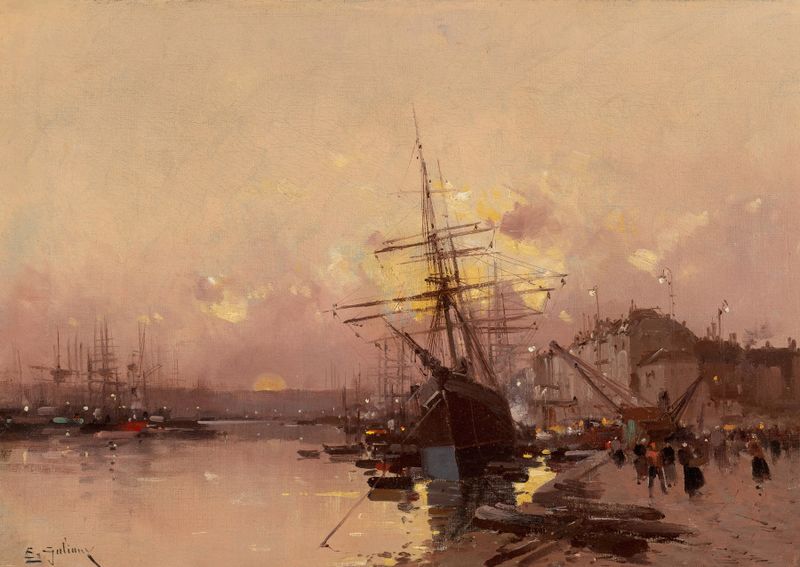 Paisagem ao crepúsculo com mar e nuvens, óleo sobre tela de Eugène Galien-Laloue