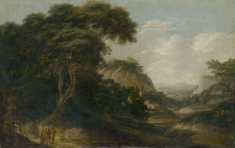 Landscape with figural staffage de Franz Joachim Beich, óleo que muestra colinas serenas y figuras delicadas.