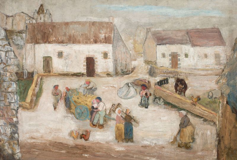 Escena de género que representa la vida rural con labradores, pintura al óleo de Tadeusz Makowski