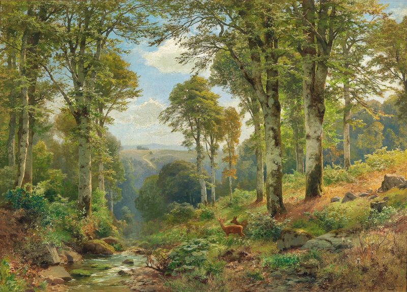 Roe deer by a stream, oil on canvas by Heinrich Böhmer