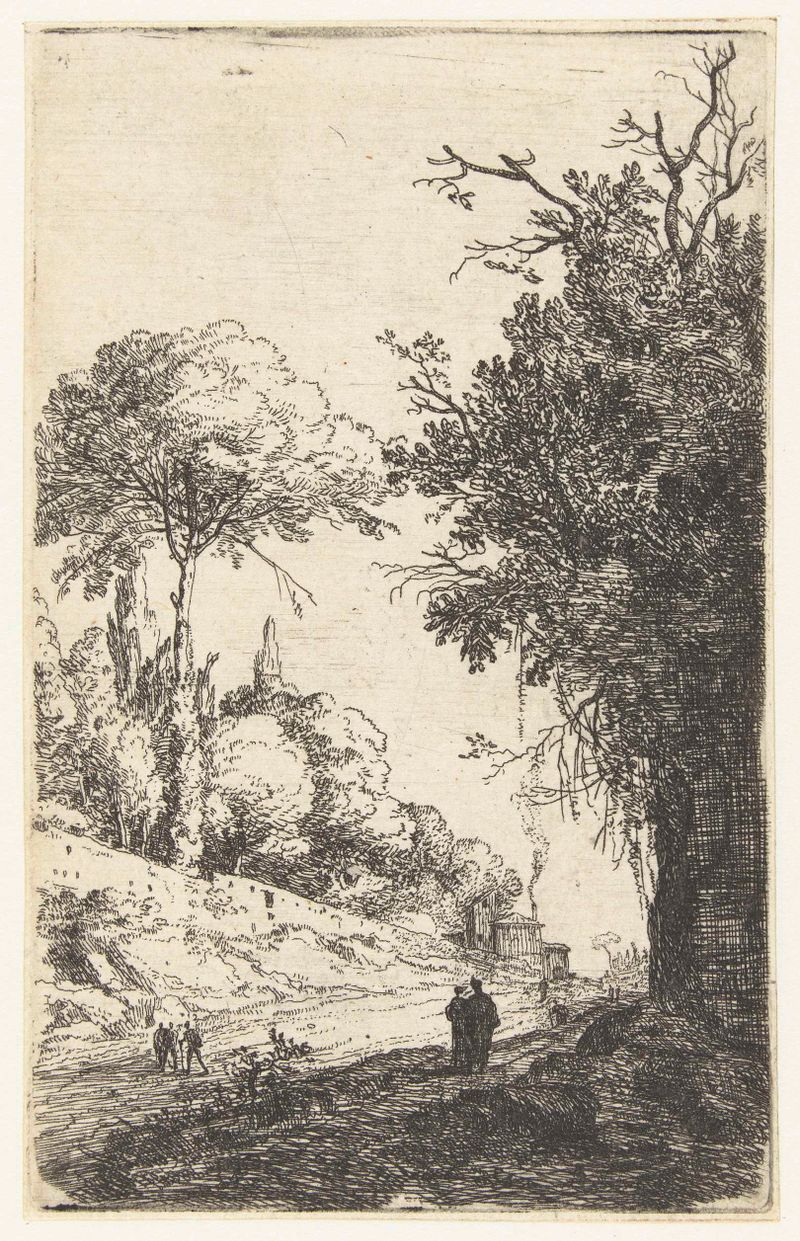Grabado de Bartholomeus Breenbergh que muestra colinas, árboles y un camino sinuoso en luz dorada