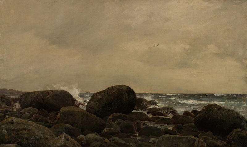 Paisagem chuvosa de Amaldus Nielsen, pintura a óleo com terra brilhante e nuvens baixas.