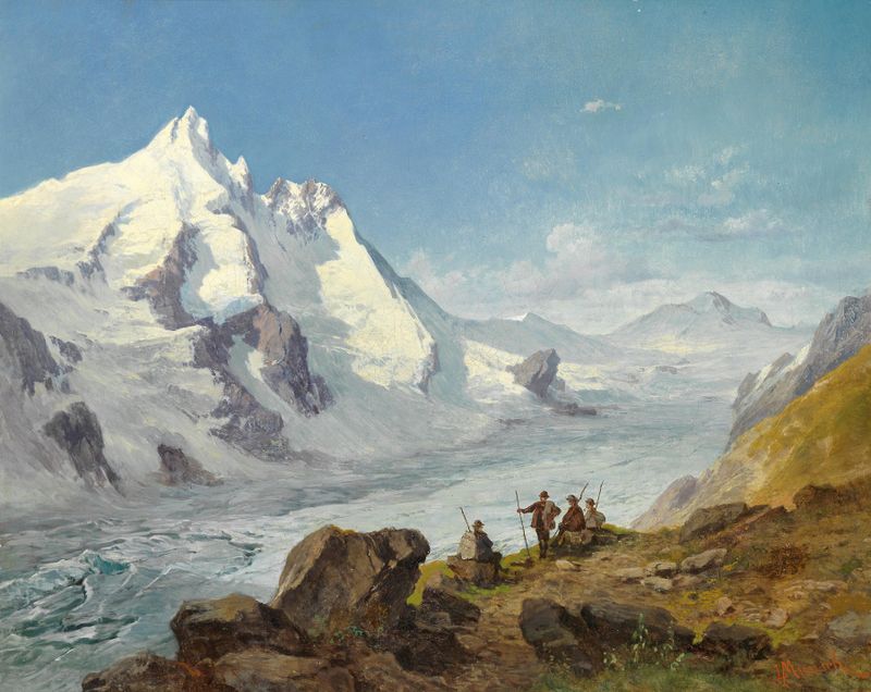 Group of mountain climbers beside, oil painting by Leopold Munsch