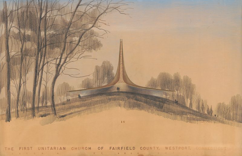 Exterior view of First Unitarian Church, ink on paper by Victor Alfred Lundy