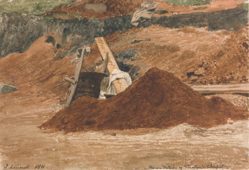 Foundation of Stratten’s Chapel by John Linnell, oil on canvas showing ivy-covered ruins.