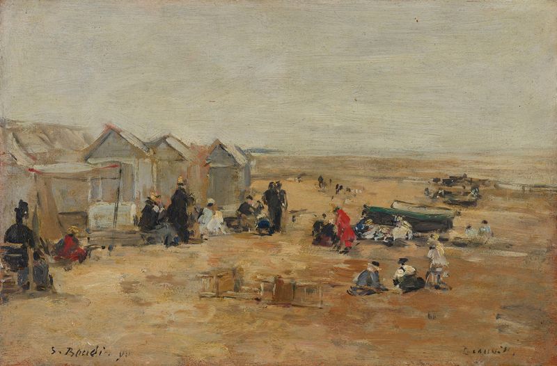 Cena marinha de uma praia com ondas e luz de Eugène Boudin, pintura a óleo
