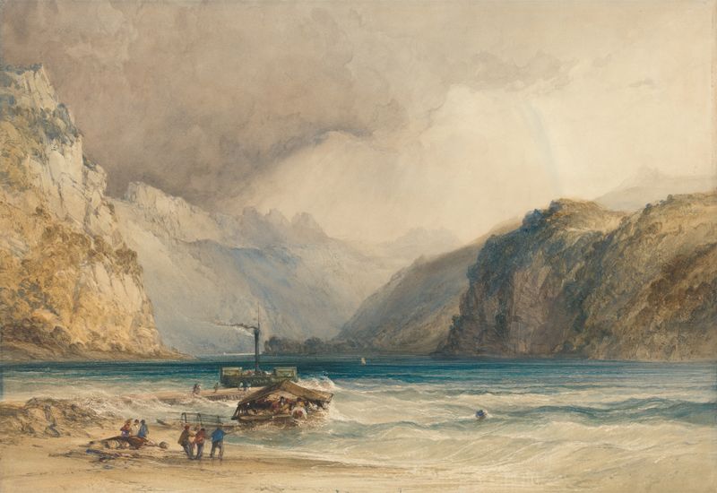 Walenstadt, de Weesen, Suíça por William Callow, pintura a óleo que retrata um lago tranquilo e os Alpes enevoados