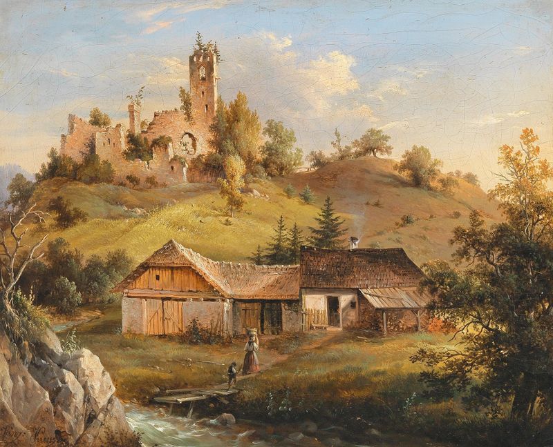 Un paisaje con ruinas de castillo y nubes de Vinzenz Kreuzer.
