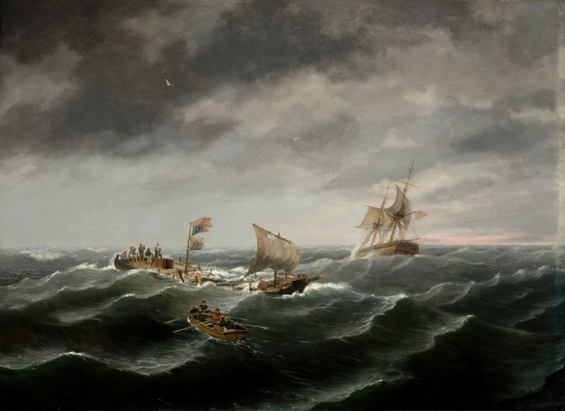 Marine scene depicting the rescue of survivors from the Schooner ‘John S. Spence’ by Thomas Birch, oil painting
