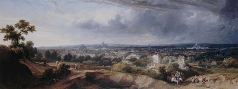 Landscape of Paris with rooftops in morning light, oil painting by George Arnald