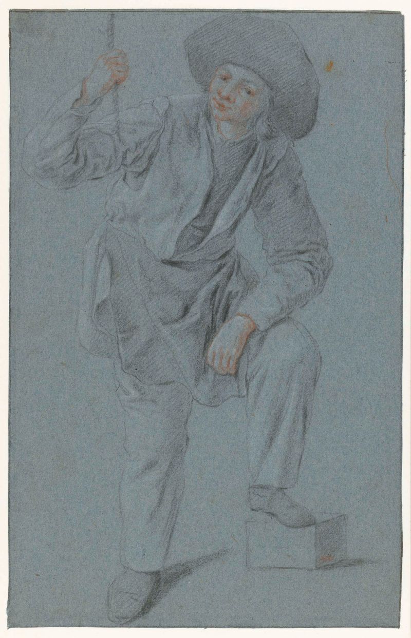 Drawing on paper by Cornelis Dusart of a boy pulling a rope