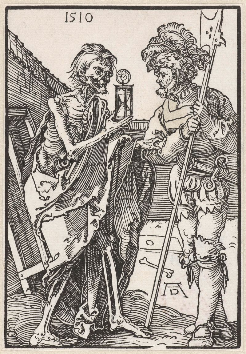Gravura histórica de Albrecht Dürer mostrando um soldado confrontando a morte