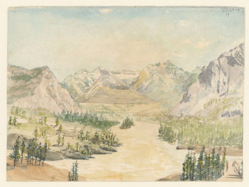 Acuarela de Auguste Mouillesaux de Bernières que representa un paisaje sereno con azules turbulentos.