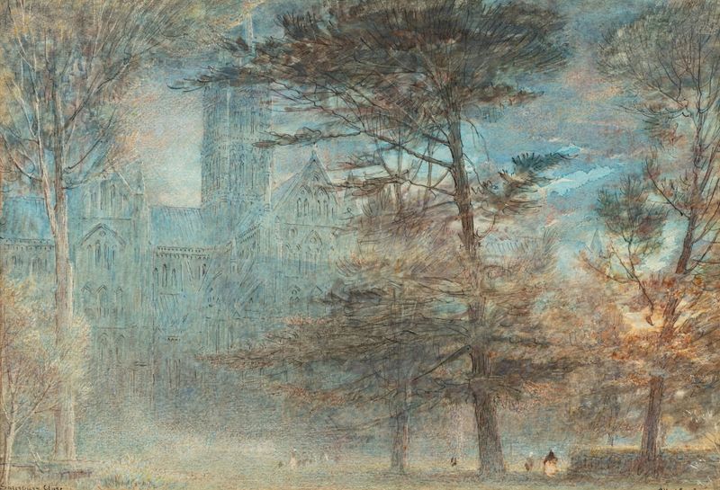 Salisbury Close by Albert Goodwin, watercolor on paper depicting hills and clouds.