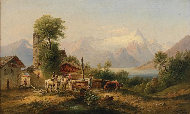 Landscape of a tranquil lake and mountains, oil painting by Emil Barbarini