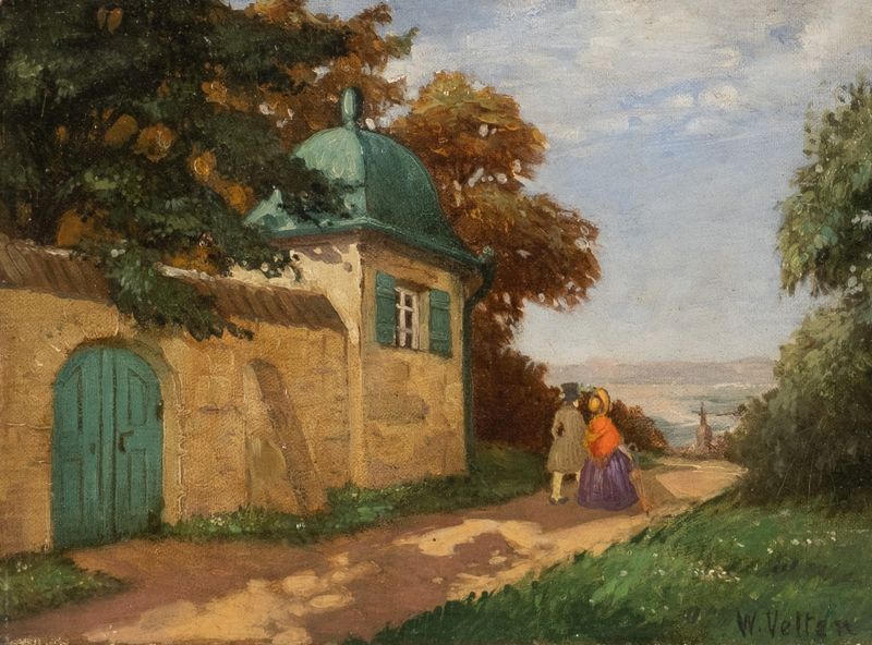 Oil painting by Wilhelm Velten depicting a park with figures and sunlight.