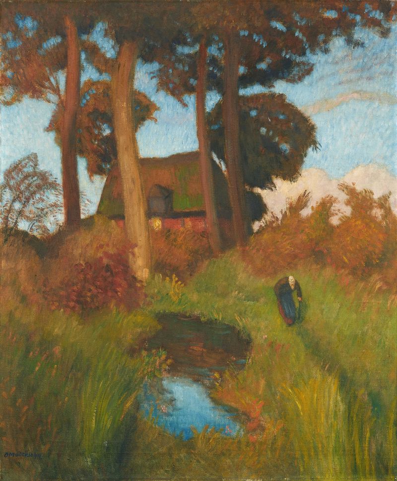 Das alte Haus de Otto Modersohn, óleo sobre tela que retrata uma casa desgastada em uma paisagem serena.