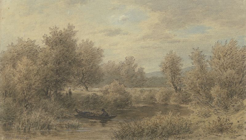 Ferryboat on the shore with trees, oil painting by Jakob Maurer