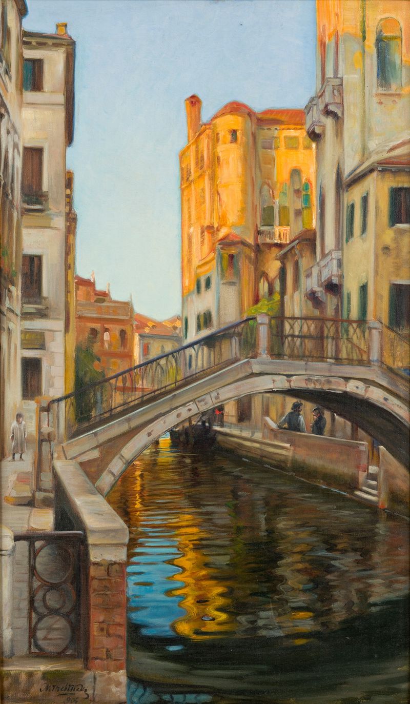 Venice Canal (Palazzo Foscari) pintura al óleo de Marian Trzebiński mostrando reflejos en el agua y arquitectura.