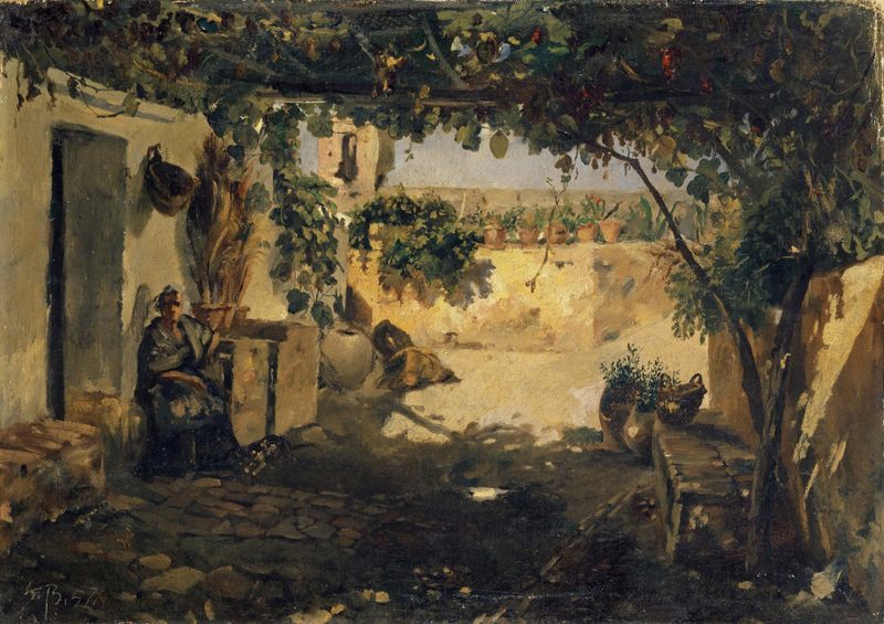 Spanish Pergola by Frank Buchser, oil painting depicting light filtering through greenery.