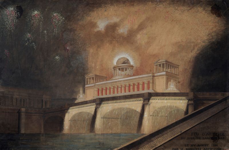 Fireworks display at night, etching by Francesco Piranesi