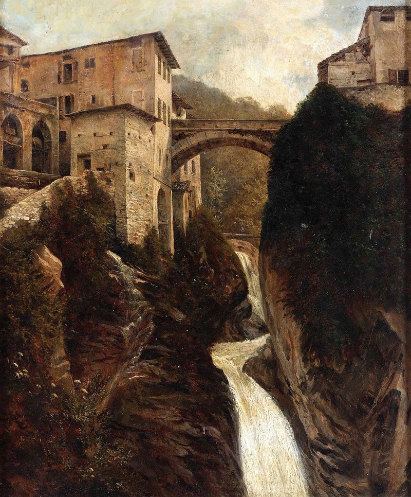 Veduta di Nesso de Pompeo Pozzi, óleo sobre tela retratando uma colina verde e um rio