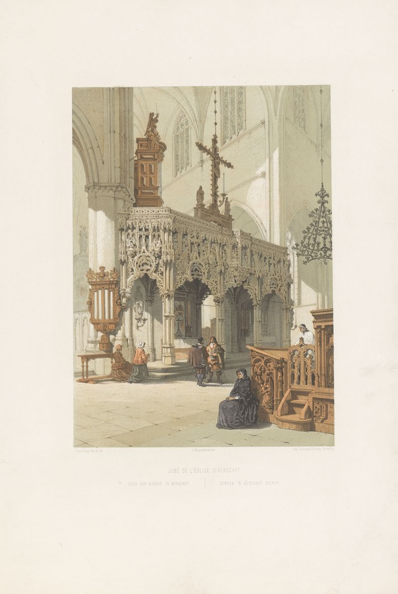 Screen in Aerschot church, oil on canvas by François Stroobant, featuring intricate woodwork and light play.