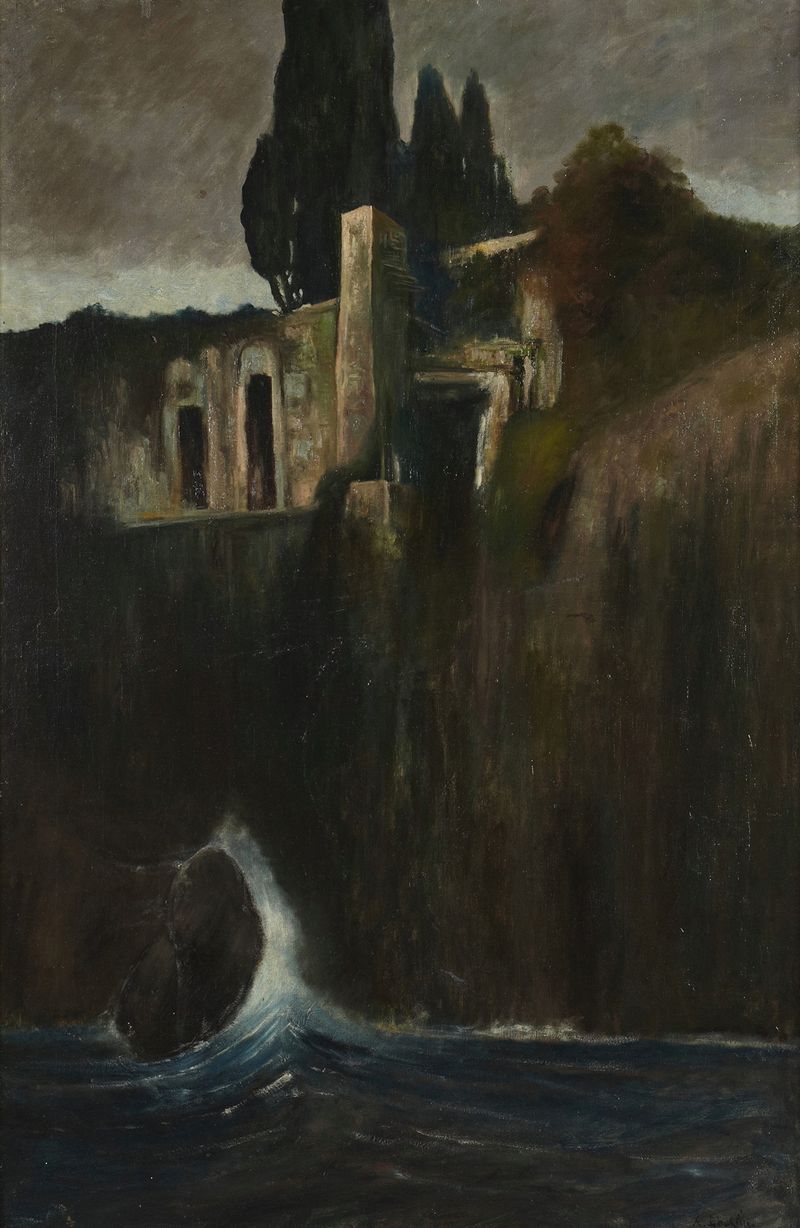 Landscape by Arnold Böcklin, oil on canvas depicting hills and a gradient sky.