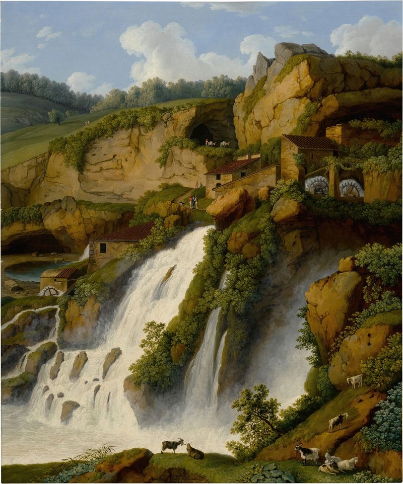 Paisaje con una cascada y cabras de Jacob Philipp Hackert, medio desconocido.