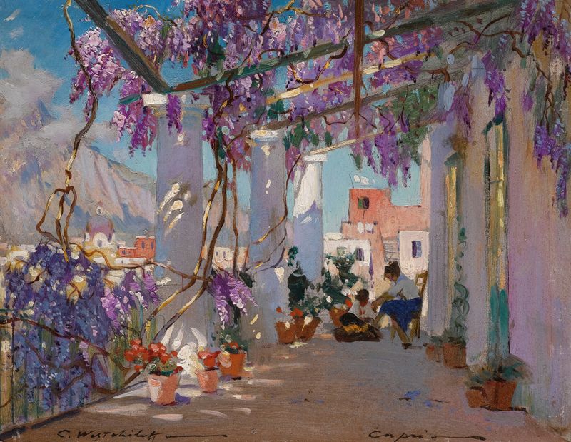 Veranda In Capri by Constantin Westchiloff, oil on canvas depicting a sunlit balcony with lush greenery.