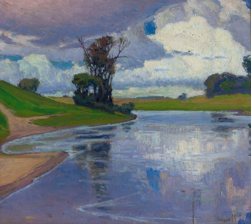 Abstract artwork by Stanisław Szygell, depicting a storm with gold and blue hues.