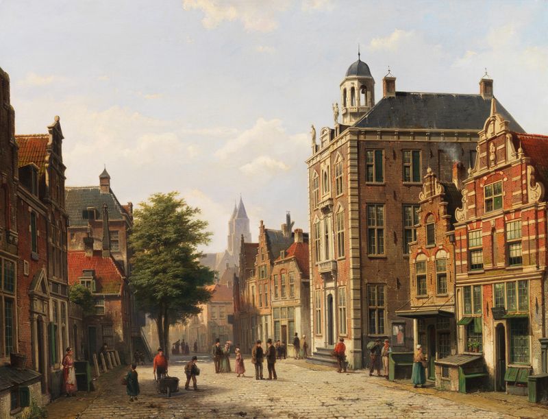 Holländische Stadtansicht im Sommer by Willem Koekkoek, oil painting depicting a summer village scene.