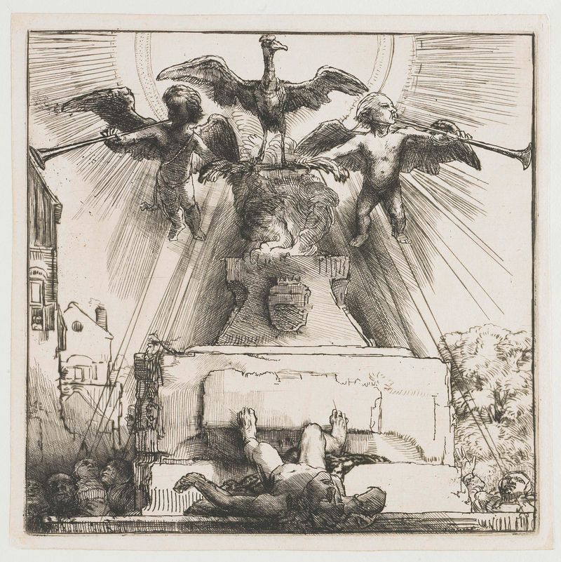 Gravura figurativa de Rembrandt van Rijn mostrando uma figura em meio ao tumulto e ao contraste de luz e sombra